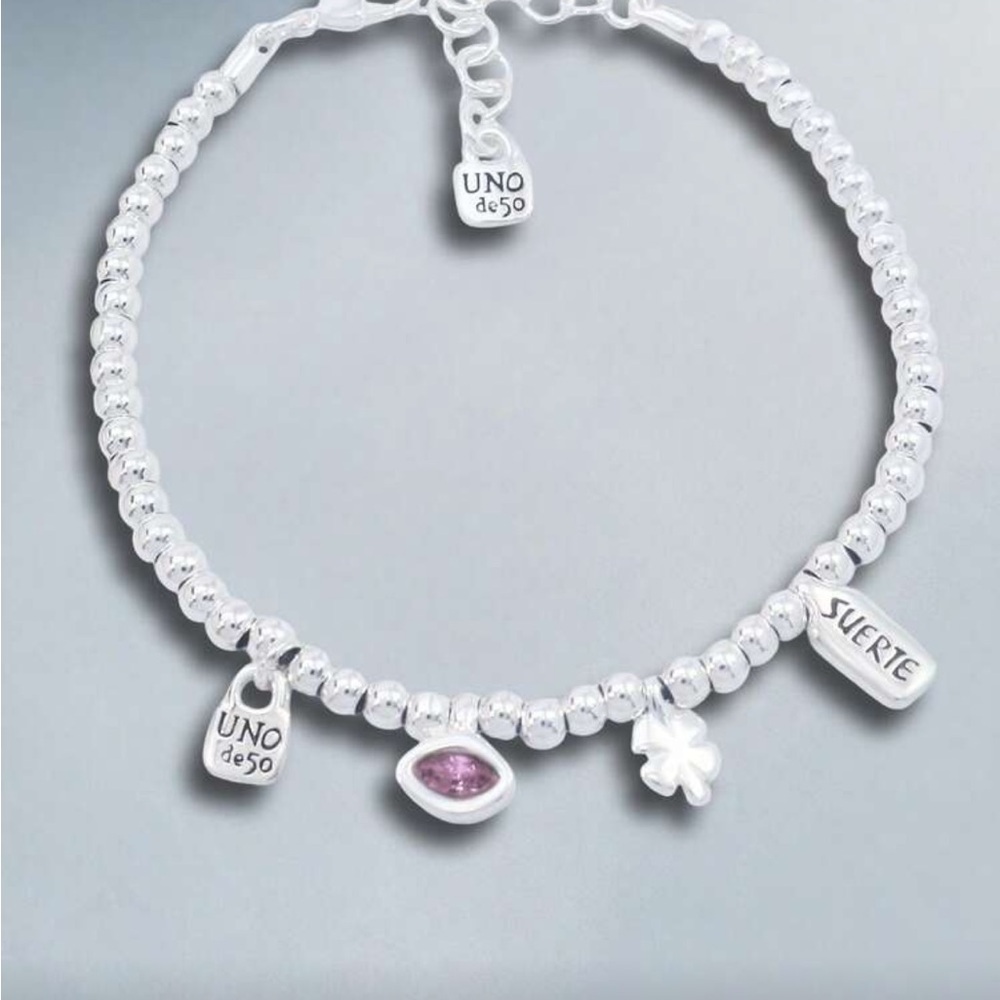 Uno de 50 Silver Beaded Charm Bracelet Amethyst Stone Suerte Clover - Picture 2 of 3